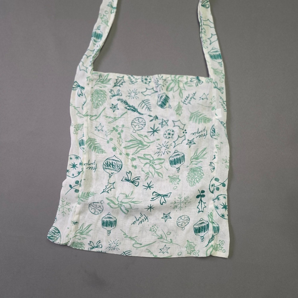 Free People Holiday Reusable Cotton Tote Bag Green White Ornament Print Shopper
